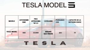 Tableau informationnelle sur la tesla model 3