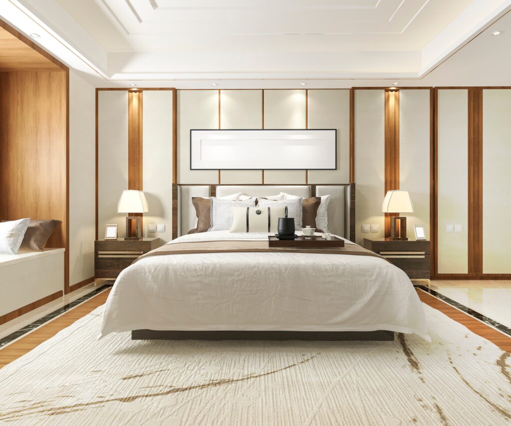 3d rendering luxury modern bedroom suite in hotel